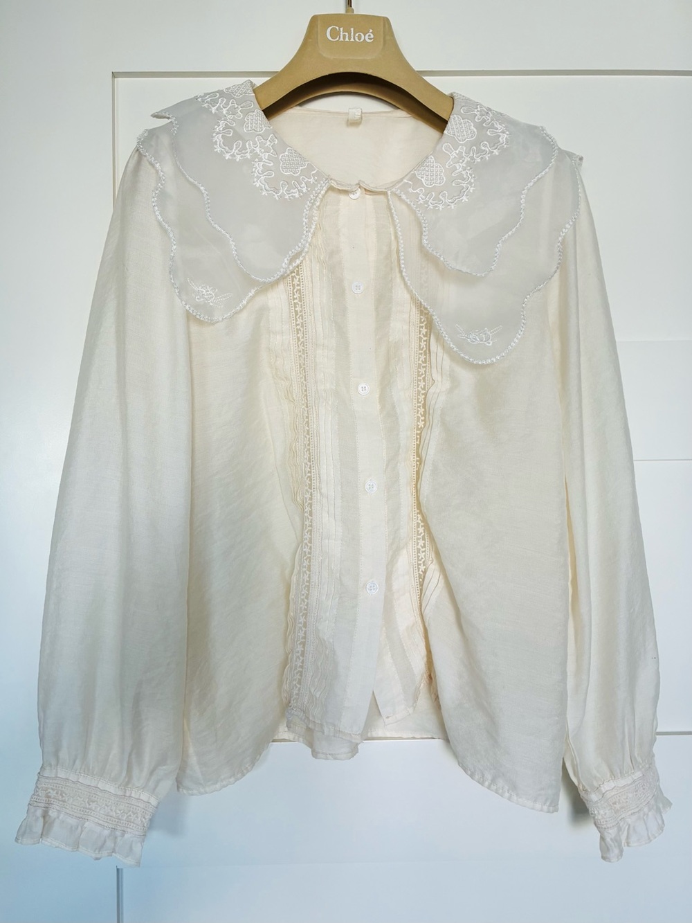 Maydee XS Embroidered Double Collar Blouse Cream White